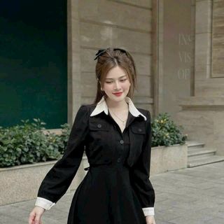 ĐẦM XOÈ CỔ SƠ MI RÚT DÂY EO PHỐI CỔ VÀ TAY