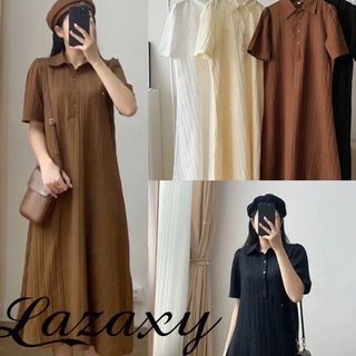 Váy Đầm Suông Cổ Sơ Mi, Polo Chất Đũi Gân Xoè Nhẹ Nhàng Thanh Lịch Lazaxy