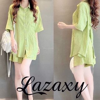 Set bộ sơ mi tay ngắn trơn nổi set sơ mi xẻ tà sau thắt dây cột nơ hở lưng, bộ đồ nữ xẻ lưng kèm quần short đùi Lazaxy