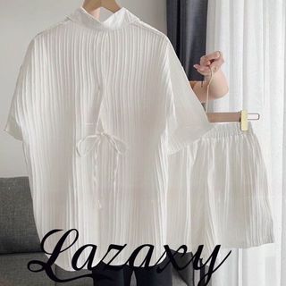 Set bộ sơ mi tay ngắn trơn nổi set sơ mi xẻ tà sau thắt dây cột nơ hở lưng, bộ đồ nữ xẻ lưng kèm quần short đùi Lazaxy