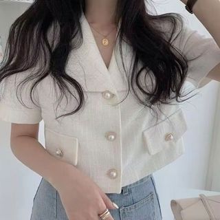 Áo Blazer Nữ Áo Blazer Hai Hàng Nút Tay Ngắn Nhẹ Thời Trang Phong Cách Hàn Quốc Áo Khoác Nữ Áo Kiểu Vest Lazaxy