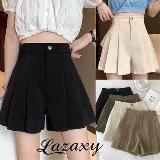 Quần short nữ xếp ly lưng thun sau Lazaxy chất cotton  cao cấp quần đùi nữ ống rộng cạp cao màu đen trắng n