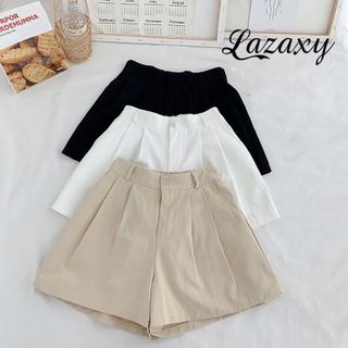 Quần short nữ xếp ly lưng thun sau Lazaxy chất cotton  cao cấp quần đùi nữ ống rộng cạp cao màu đen trắng n