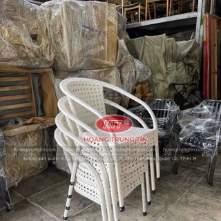 Bộ bàn ghế cafe mây nhựa mắt cáo màu trắng