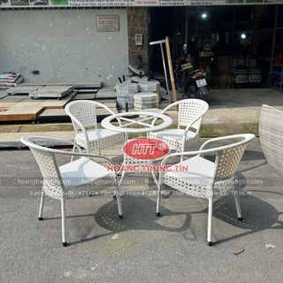 Bộ bàn ghế cafe mây nhựa mắt cáo màu trắng