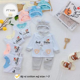 Bộ nỉ sơ sinh cottong khuy giữa cổ tàu kèm mũ tai dây - siêu cute