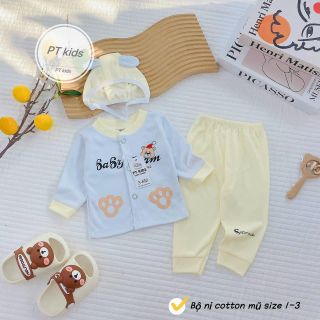 Bộ nỉ sơ sinh cottong khuy giữa cổ tàu kèm mũ tai dây - siêu cute