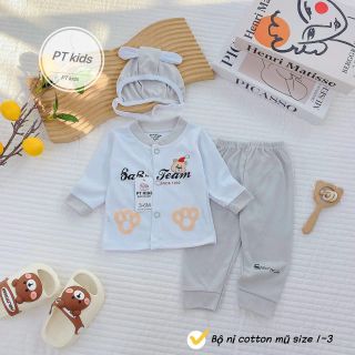 Bộ nỉ sơ sinh cottong khuy giữa cổ tàu kèm mũ tai dây - siêu cute