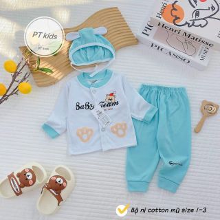 Bộ nỉ sơ sinh cottong khuy giữa cổ tàu kèm mũ tai dây - siêu cute