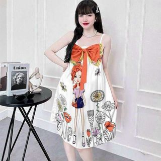 🔥 Đầm 2 dây form suông đính nơ họa tiết – Thời trang dễ thương, phong cách và thoải mái!