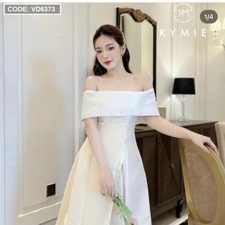 Đầm Midi Trắng Cúp Ngực Trễ Vai Xẻ Lai Xòe