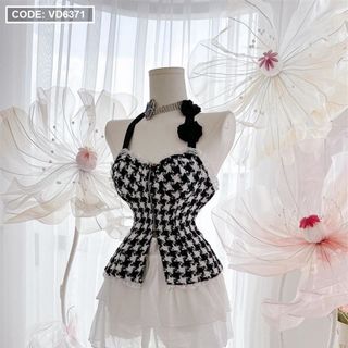 Set Áo Bố Đính Nơ Hoa Và Chân Váy Tầng