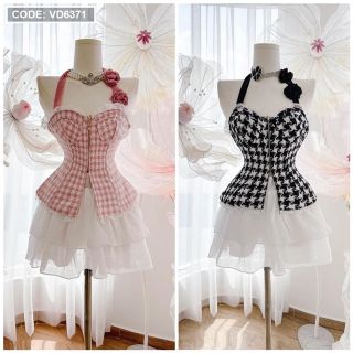 Set Áo Bố Đính Nơ Hoa Và Chân Váy Tầng