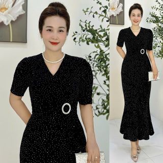 Đầm maxi trung niên ôm body, đuôi cá, dự tiệc sang trọng vải thun nhũ cao cấp đính đá, tặng mẹ co giãn tốt bigsize 80kg M679 giá sỉ