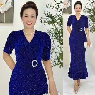 Đầm maxi trung niên ôm body, đuôi cá, dự tiệc sang trọng vải thun nhũ cao cấp đính đá, tặng mẹ co giãn tốt bigsize 80kg M679