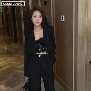 Set Khoác Vest Đen Tay Dài, Crop Ren 2 Dây và Quần Suông