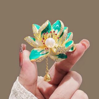 Ghim Cài Áo tráng men Hoa Sen Đính Đá Zircon Phối Tua Rua Thời Trang dành cho nữ 7cm