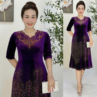 Đầm trung niên dự tiệc sang trọng vải nhung cao cấp đính đá, tặng mẹ co giãn tốt bigsize M678