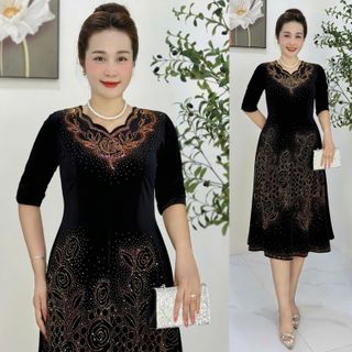 Đầm trung niên dự tiệc sang trọng vải nhung cao cấp đính đá, tặng mẹ co giãn tốt bigsize M678