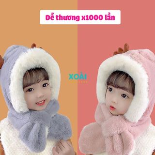 Mũ Lông Nhung Trùm Đầu Liền Khăn Cổ Cho Bé 1-3 tuổi Chất Liệu Nhung Dày Dặn Ấm Áp Đính Sừng Hươu Cute - ML008