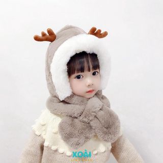 Mũ Lông Nhung Trùm Đầu Liền Khăn Cổ Cho Bé 1-3 tuổi Chất Liệu Nhung Dày Dặn Ấm Áp Đính Sừng Hươu Cute - ML008