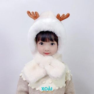 Mũ Lông Nhung Trùm Đầu Liền Khăn Cổ Cho Bé 1-3 tuổi Chất Liệu Nhung Dày Dặn Ấm Áp Đính Sừng Hươu Cute - ML008