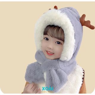 Mũ Lông Nhung Trùm Đầu Liền Khăn Cổ Cho Bé 1-3 tuổi Chất Liệu Nhung Dày Dặn Ấm Áp Đính Sừng Hươu Cute - ML008
