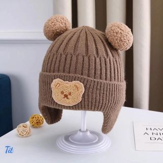 Mũ nón len bịt tai, Nón dệt kim mùa đông cho bé đính hình gấu tai bông
