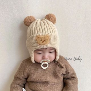 Mũ nón len bịt tai, Nón dệt kim mùa đông cho bé đính hình gấu tai bông