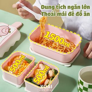 Hộp Cơm Trưa 2 Tầng Bằng Nhựa PP Dễ Thương Dung Tích 1800ml, 3 Ngăn Rộng Rãi - HC020