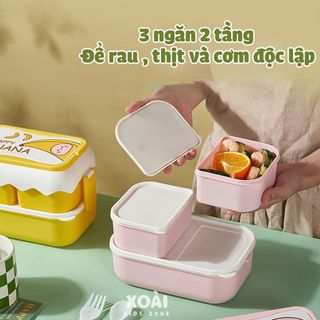 Hộp Cơm Trưa 2 Tầng Bằng Nhựa PP Dễ Thương Dung Tích 1800ml, 3 Ngăn Rộng Rãi - HC020