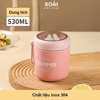Bình ủ Cháo, Cốc Đựng Canh Giữ Nhiệt Inox 304 Hình Chú Gấu Dung Tích 530ml Giữ Nhiệt 6-8 Tiếng Có Túi Đựng - HC023