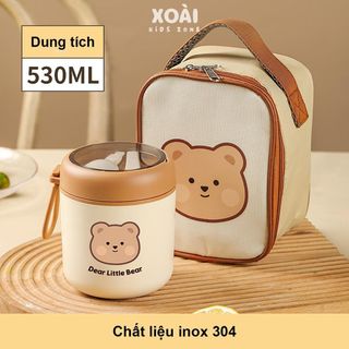 Bình ủ Cháo, Cốc Đựng Canh Giữ Nhiệt Inox 304 Hình Chú Gấu Dung Tích 530ml Giữ Nhiệt 6-8 Tiếng Có Túi Đựng - HC023