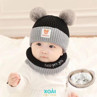 Combo Mũ Len Tai Chuột Mickey Kèm Khăn Quàng Cổ Cho Bé Từ 6 Tháng Đến 2 Tuổi Bằng Len Dệt Kim - ML003