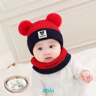 Combo Mũ Len Tai Chuột Mickey Kèm Khăn Quàng Cổ Cho Bé Từ 6 Tháng Đến 2 Tuổi Bằng Len Dệt Kim - ML003