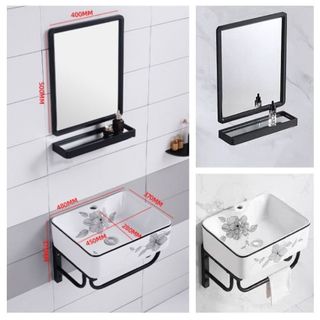 Bộ lavabo treo tường hoa tiết bông hoa xinh đẹp, đã bao gồm gương và kệ gương, mã T288V