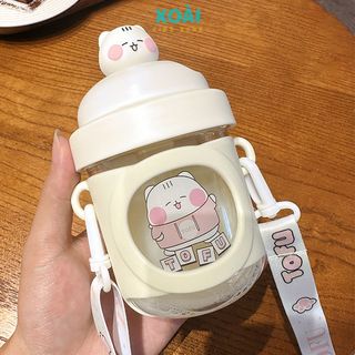 Bình Nước Hình Thú Cưng 4D, Bình Nước Cho Bé, Nhựa Tritan Cao Cấp, 330ml Có Ống Hút Dây Đeo - BN029
