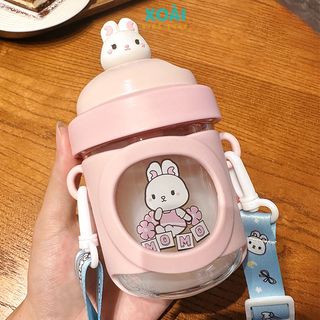 Bình Nước Hình Thú Cưng 4D, Bình Nước Cho Bé, Nhựa Tritan Cao Cấp, 330ml Có Ống Hút Dây Đeo - BN029