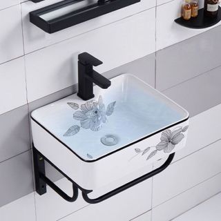 Bộ lavabo treo tường hoa tiết bông hoa xinh đẹp, đã bao gồm gương và kệ gương, mã T288V