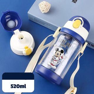 Bình Nước Trẻ Em Các Nhân Vật Hoạt Hình 520ml,Có 2 Nắp Ống Hút Và Uống Trực Tiếp, Dây Đeo- BN030