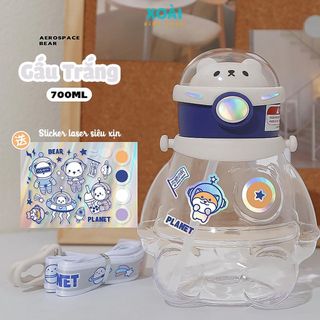 Bình Nước Gấu Phi Hành Gia 700ml, Bình Nước Trẻ Em, Có Dây Đeo Ống Hút, Tặng Sticker Laser - BN034