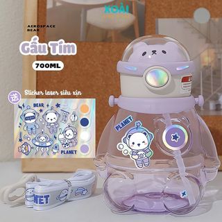 Bình Nước Gấu Phi Hành Gia 700ml, Bình Nước Trẻ Em, Có Dây Đeo Ống Hút, Tặng Sticker Laser - BN034