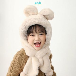 [Hot 2024] Mũ Lông Nhung Trùm Đầu Liền Khăn Quàng Cổ Cho Bé Từ 3 Đến 8 Tuổi Dày Dặn Ấm Áp-ML022