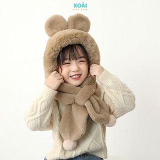 [Hot 2024] Mũ Lông Nhung Trùm Đầu Liền Khăn Quàng Cổ Cho Bé Từ 3 Đến 8 Tuổi Dày Dặn Ấm Áp-ML022