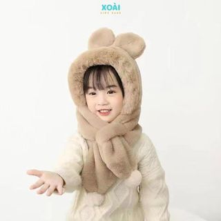 [Hot 2024] Mũ Lông Nhung Trùm Đầu Liền Khăn Quàng Cổ Cho Bé Từ 3 Đến 8 Tuổi Dày Dặn Ấm Áp-ML022