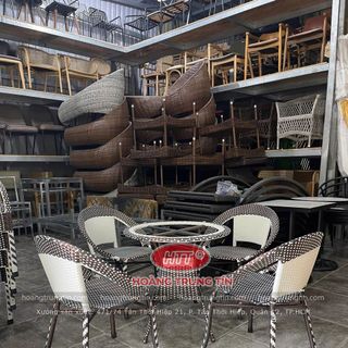 Bộ bàn ghế cafe mây nhựa giá rẻ ghế đĩa màu trắng đồng