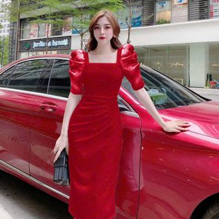 Đầm thiết kế nữ body cổ vuông xếp ly cao cấp
