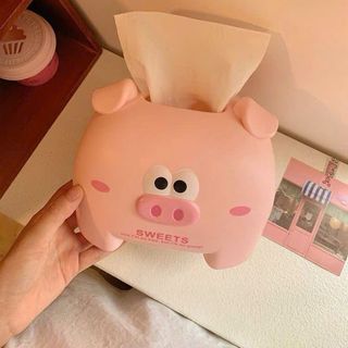 Hộp đựng khăn giấy heo hồng trắng đáng yêu dễ thương trang trí bàn