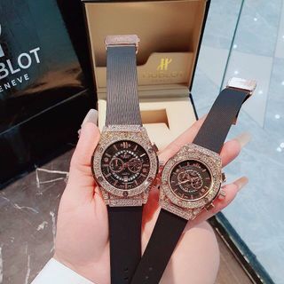 HOT DEAL ĐỒNG HỒ NAM NỮ THỜI TRANG HUB DÂY CAO SU MẶT TRÒN GIẢ CƠ GẮN ĐÁ 13