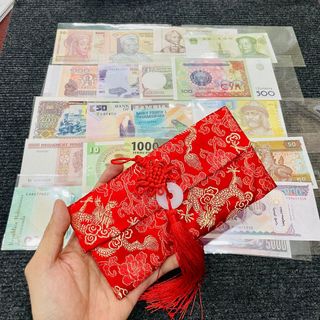 Sỉ Bộ Tiền 20 Tờ 20 Nước (Quốc Gia) tặng kèm túi gấm nhung đỏ, sang trong, tiền lì xì tết giá sỉ - giá bán buôn